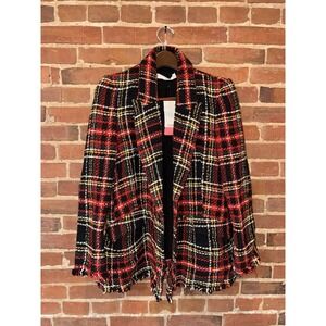 Mango Plaid Tweed Fringe Blazer Jacket Black Red‎ Yellow White Medium